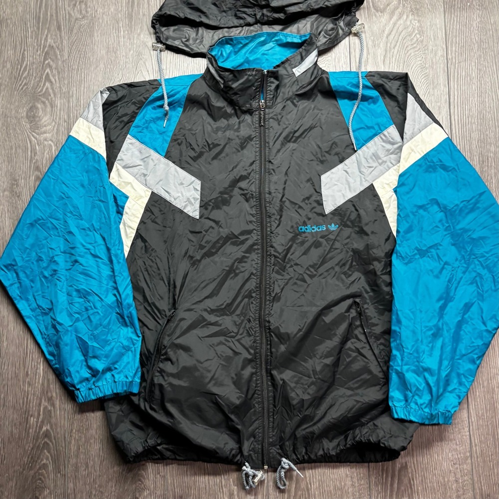 Vintage Adidas Originals Windbreaker Jacket Colorblock Black Teal Blue Mens XL